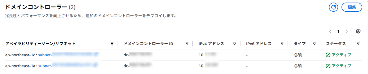 Directory Service 画面で確認した Managed AD